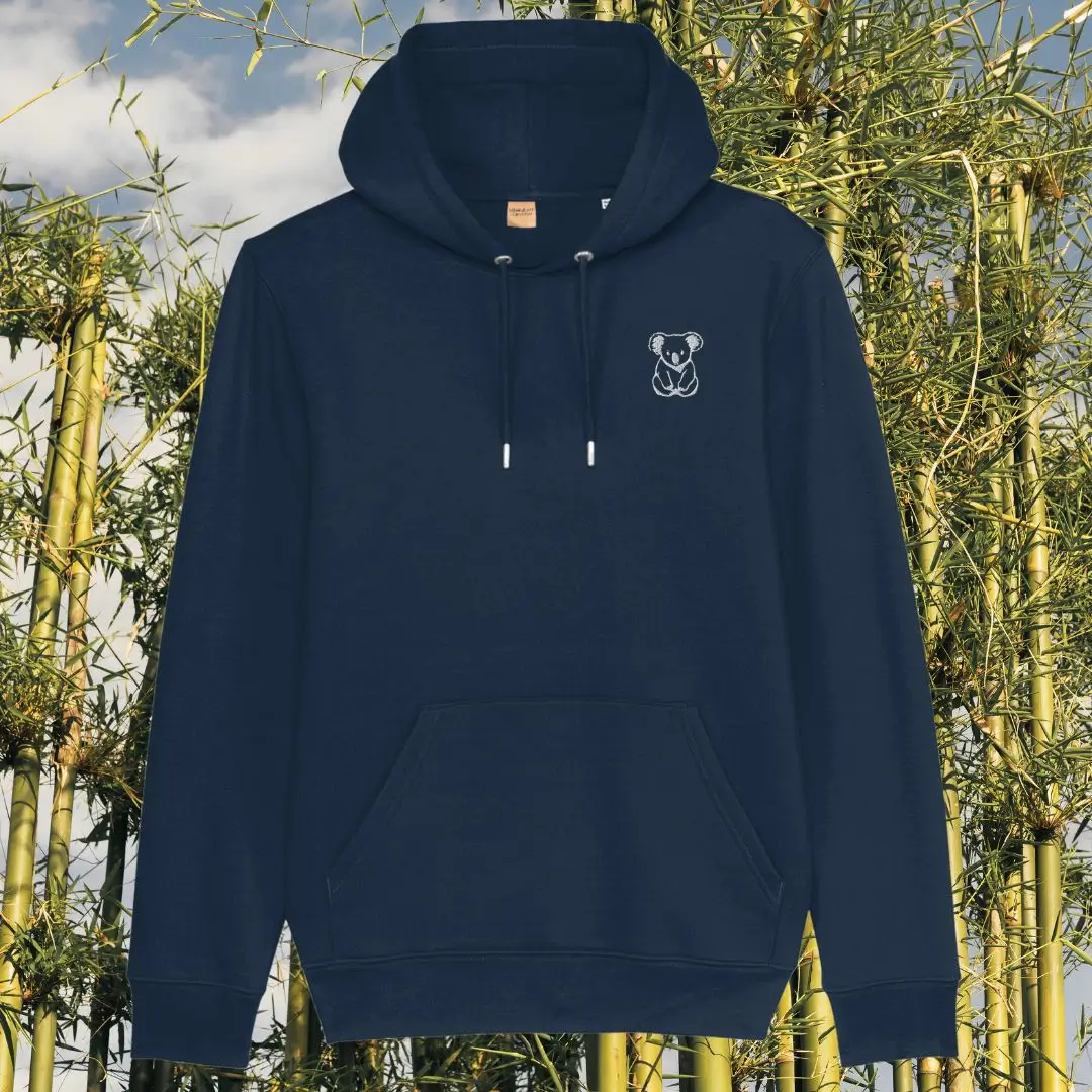 Mindful Earth Koala Front Hoodie in French Navy – Create Your Happy Place Design – Sustainable Organic Cotton Unisex Hoodie Made in the UK