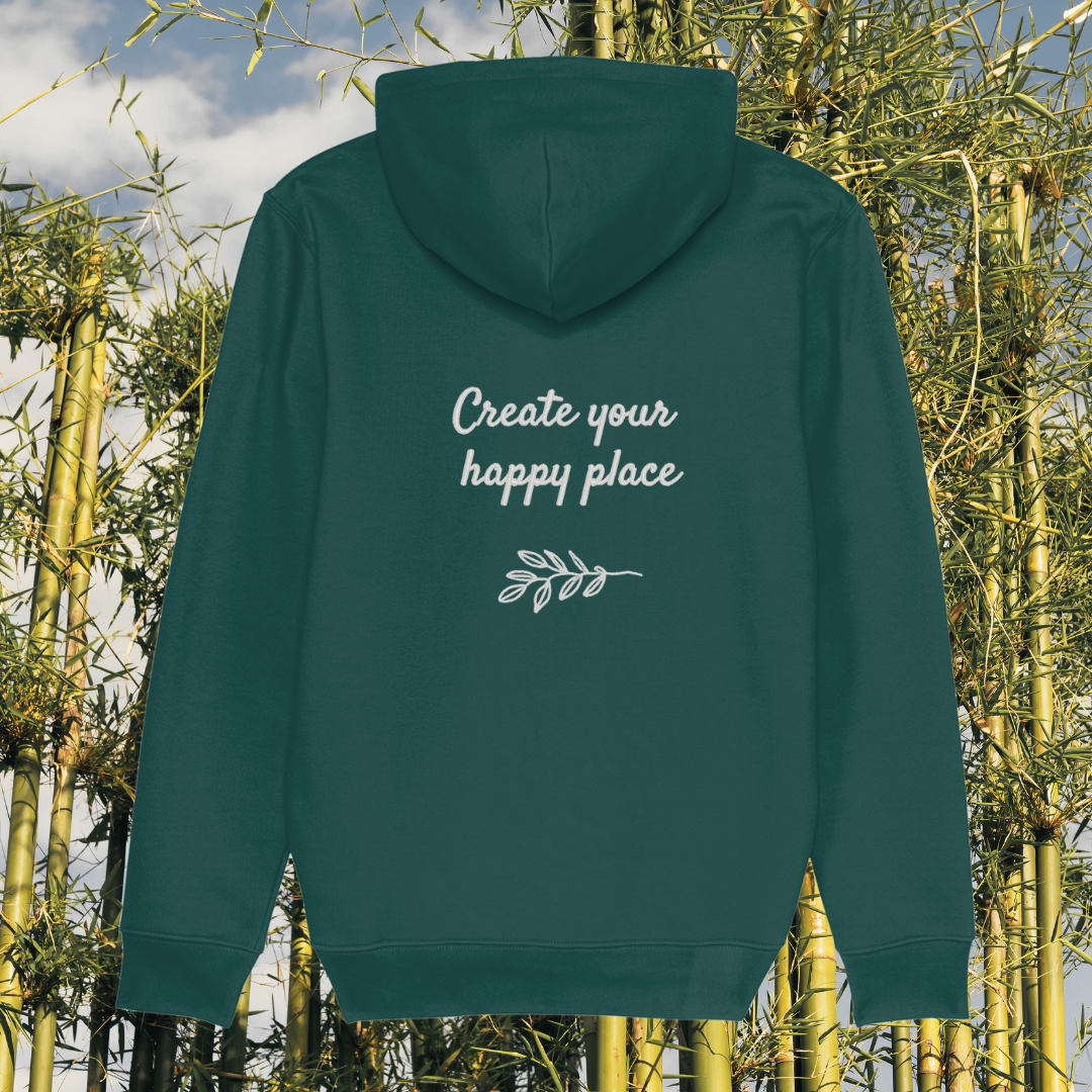 Back view of Mindful Earth Koala Hoodie in Glazed Green with “Create Your Happy Place” design – Eco-Friendly Organic Cotton Unisex Hoodie Made in the UK