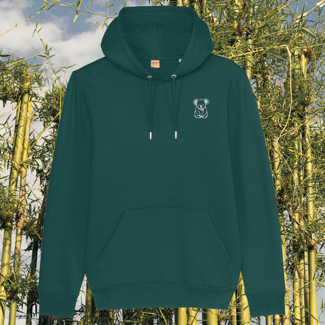 Mindful Earth Koala Front Hoodie in Glazed Green – Create Your Happy Place Design – Sustainable Organic Cotton Unisex Hoodie Made in the UK