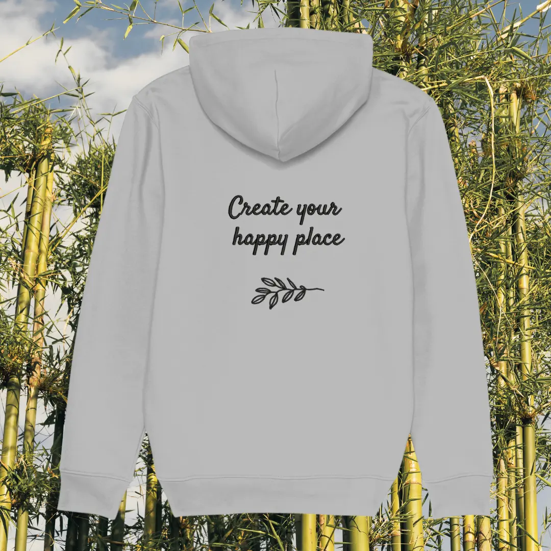 Back view of Mindful Earth Koala Hoodie in Heather Grey with “Create Your Happy Place” design – Eco-Friendly Organic Cotton Unisex Hoodie Made in the UK