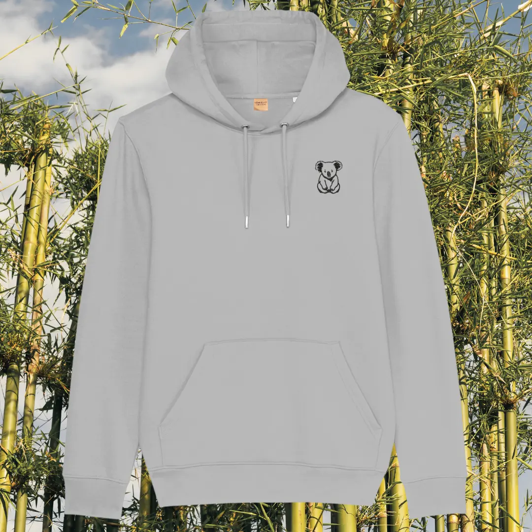 Mindful Earth Koala Front Hoodie in Heather Grey – Create Your Happy Place Design – Sustainable Organic Cotton Unisex Hoodie Made in the UK