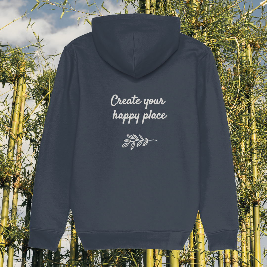 Back view of Mindful Earth Koala Hoodie in India Ink Grey with “Create Your Happy Place” design – Eco-Friendly Organic Cotton Unisex Hoodie Made in the UK