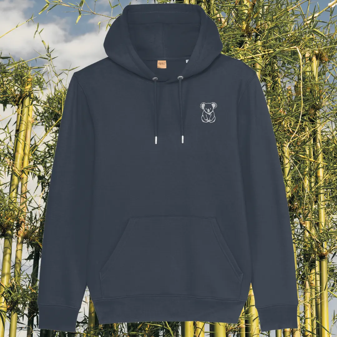 Mindful Earth Koala Front Hoodie in India Ink Grey – Create Your Happy Place Design – Sustainable Organic Cotton Unisex Hoodie Made in the UK