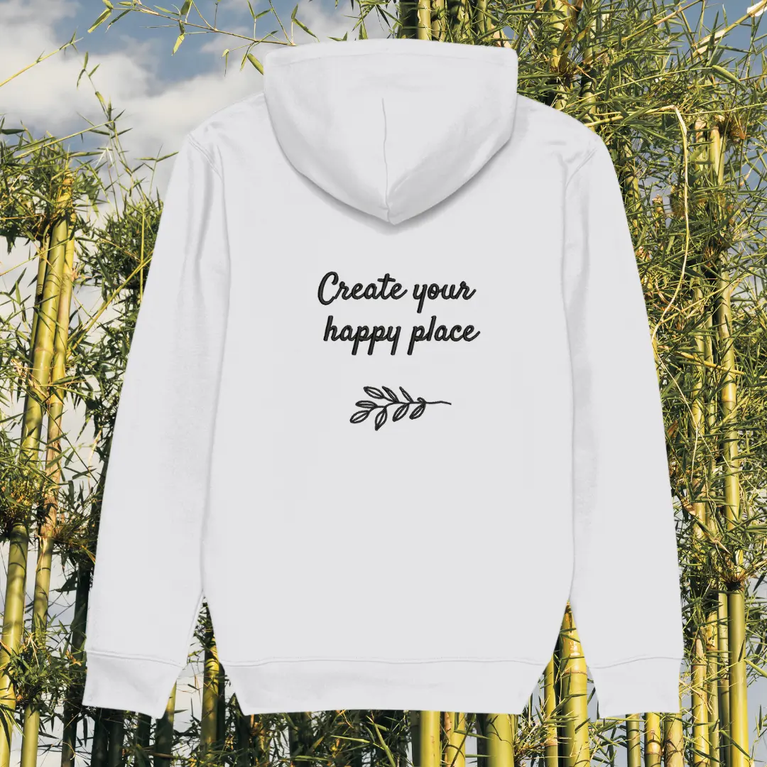 Back view of Mindful Earth Koala Hoodie in White with “Create Your Happy Place” design – Eco-Friendly Organic Cotton Unisex Hoodie Made in the UK