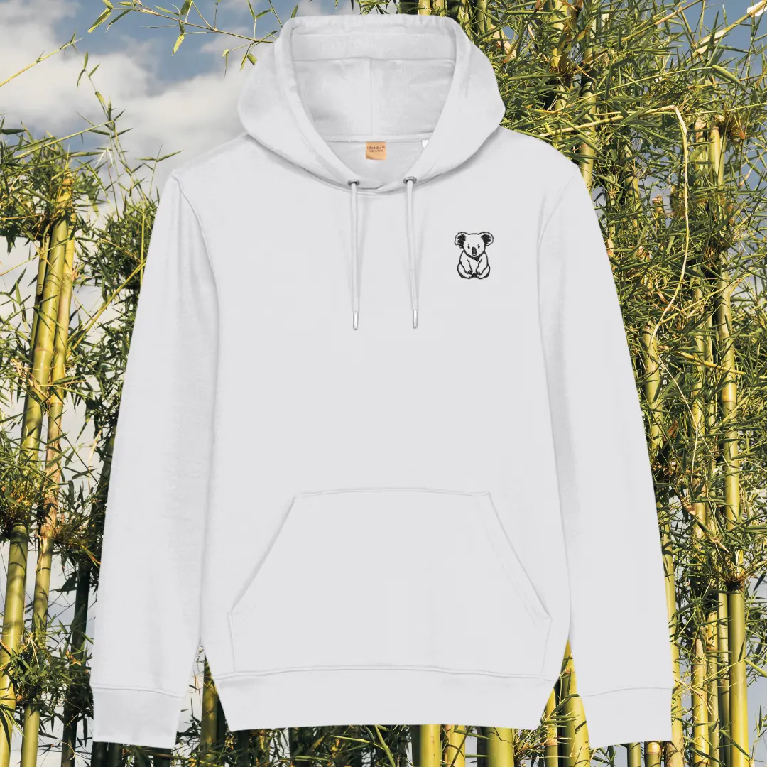 Mindful Earth Koala Front Hoodie in White – Create Your Happy Place Design – Sustainable Organic Cotton Unisex Hoodie Made in the UK