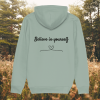Back view of Mindful Earth Bee Hoodie in Aloe Green with Black Thread – Eco-Friendly Organic Cotton Unisex Hoodie Made in the UK