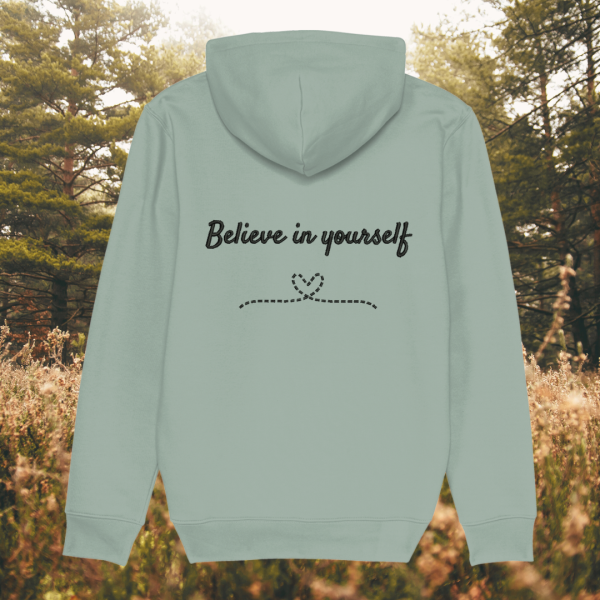 Back view of Mindful Earth Bee Hoodie in Aloe Green with Black Thread – Eco-Friendly Organic Cotton Unisex Hoodie Made in the UK