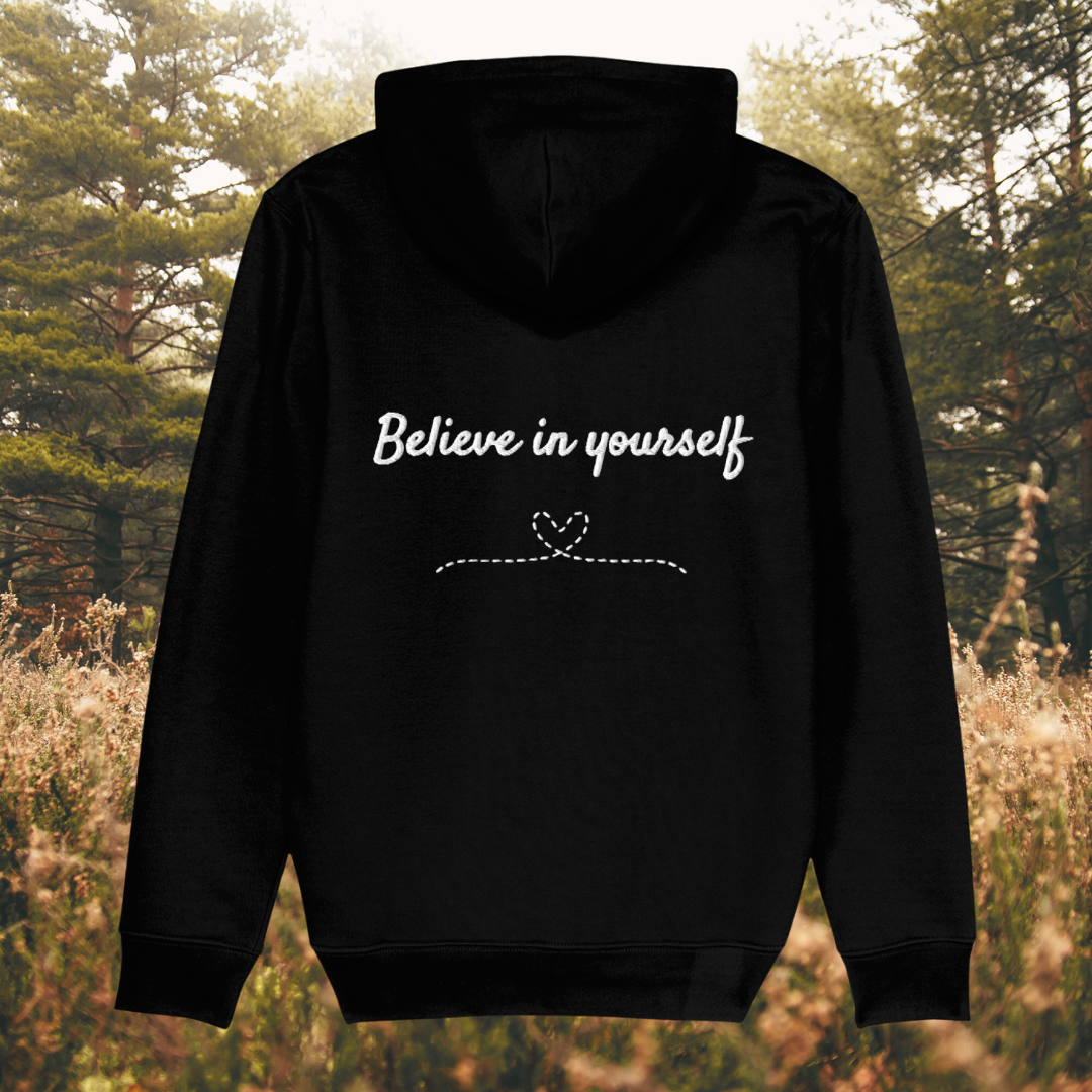 Back view of Mindful Earth Bee Hoodie in Black with White Thread – Eco-Friendly Organic Cotton Unisex Hoodie Made in the UK