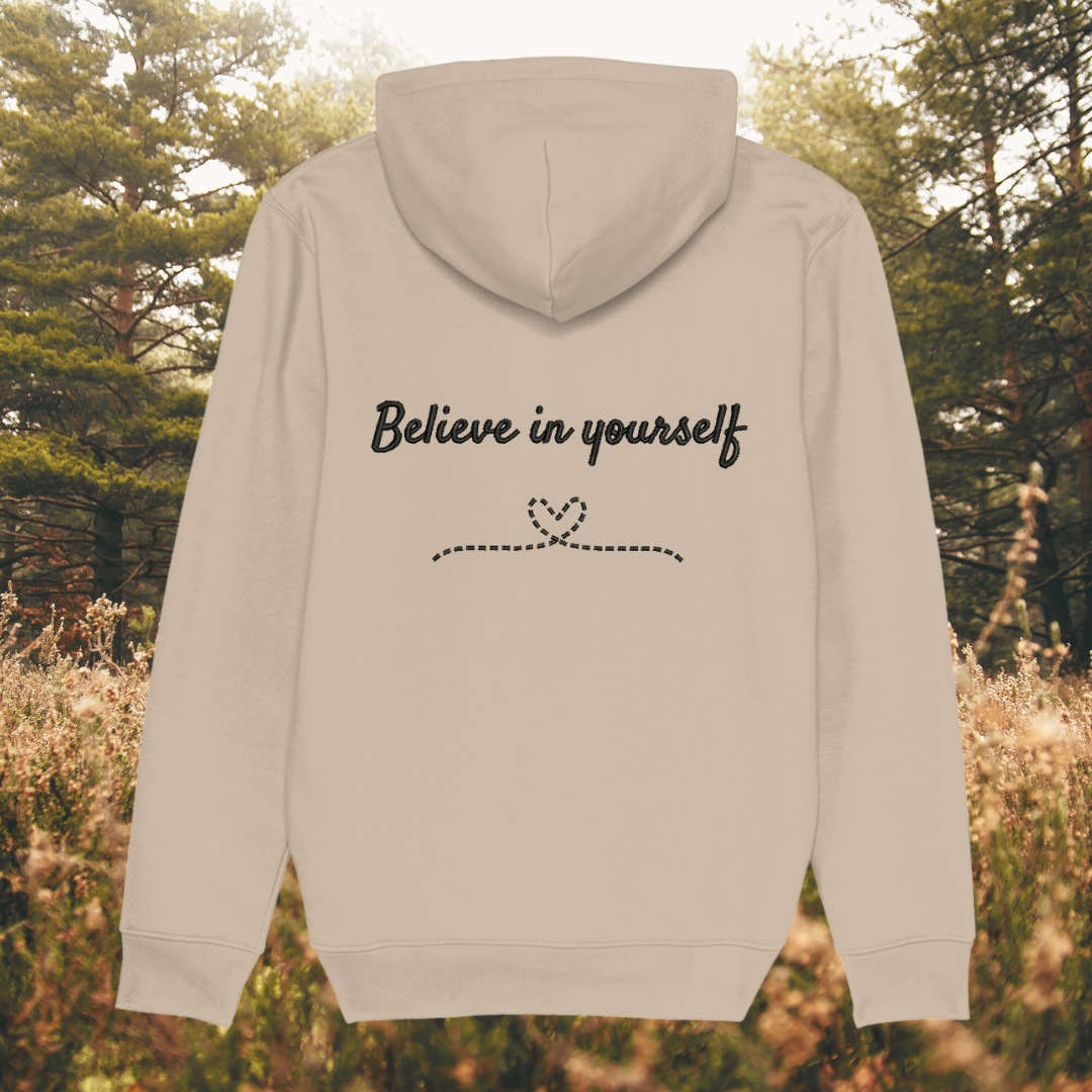 Back view of Mindful Earth Bee Hoodie in Desert Dust with Black Thread – Eco-Friendly Organic Cotton Unisex Hoodie Made in the UK