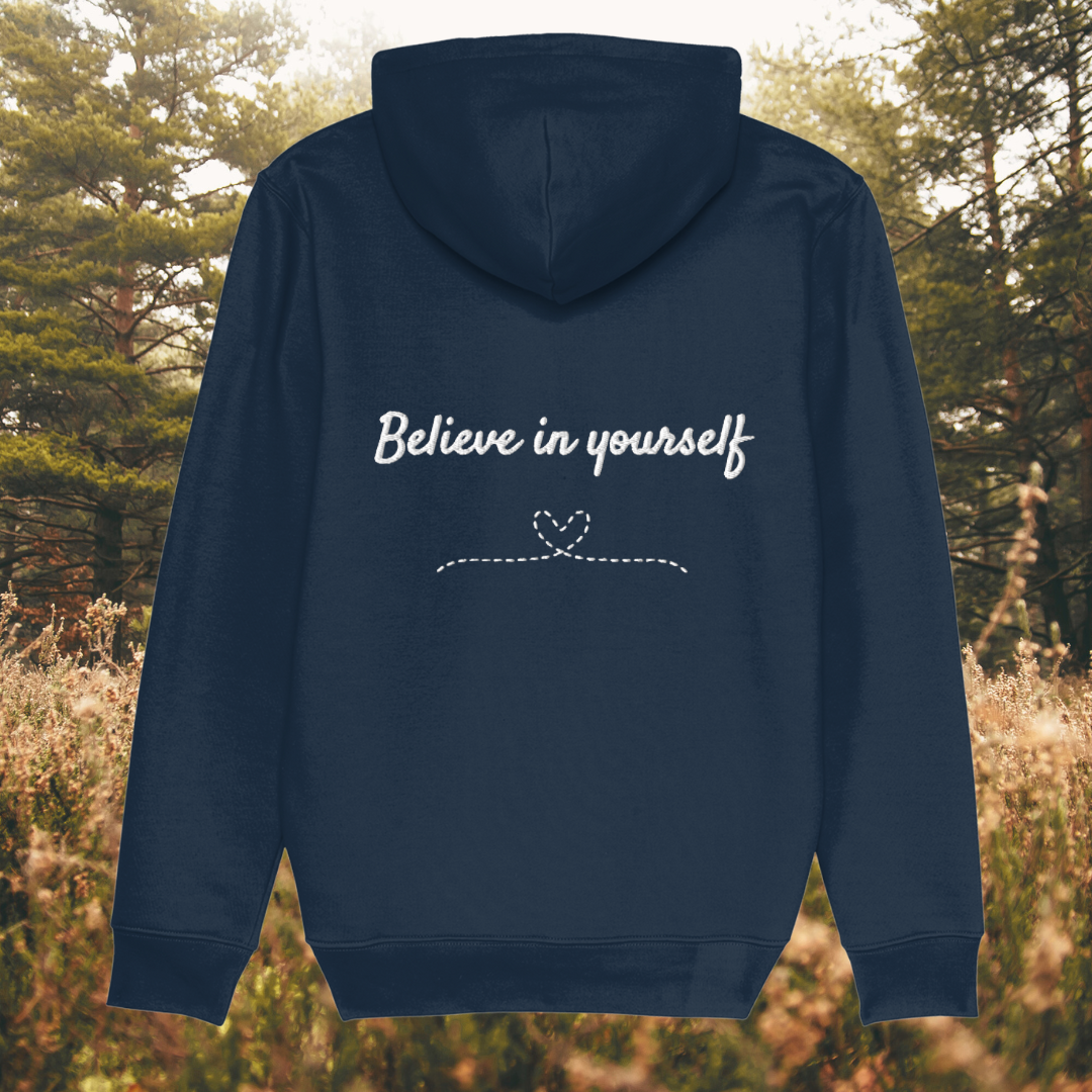 Back view of Mindful Earth Bee Hoodie in French Navy with White Thread – Eco-Friendly Organic Cotton Unisex Hoodie Made in the UK