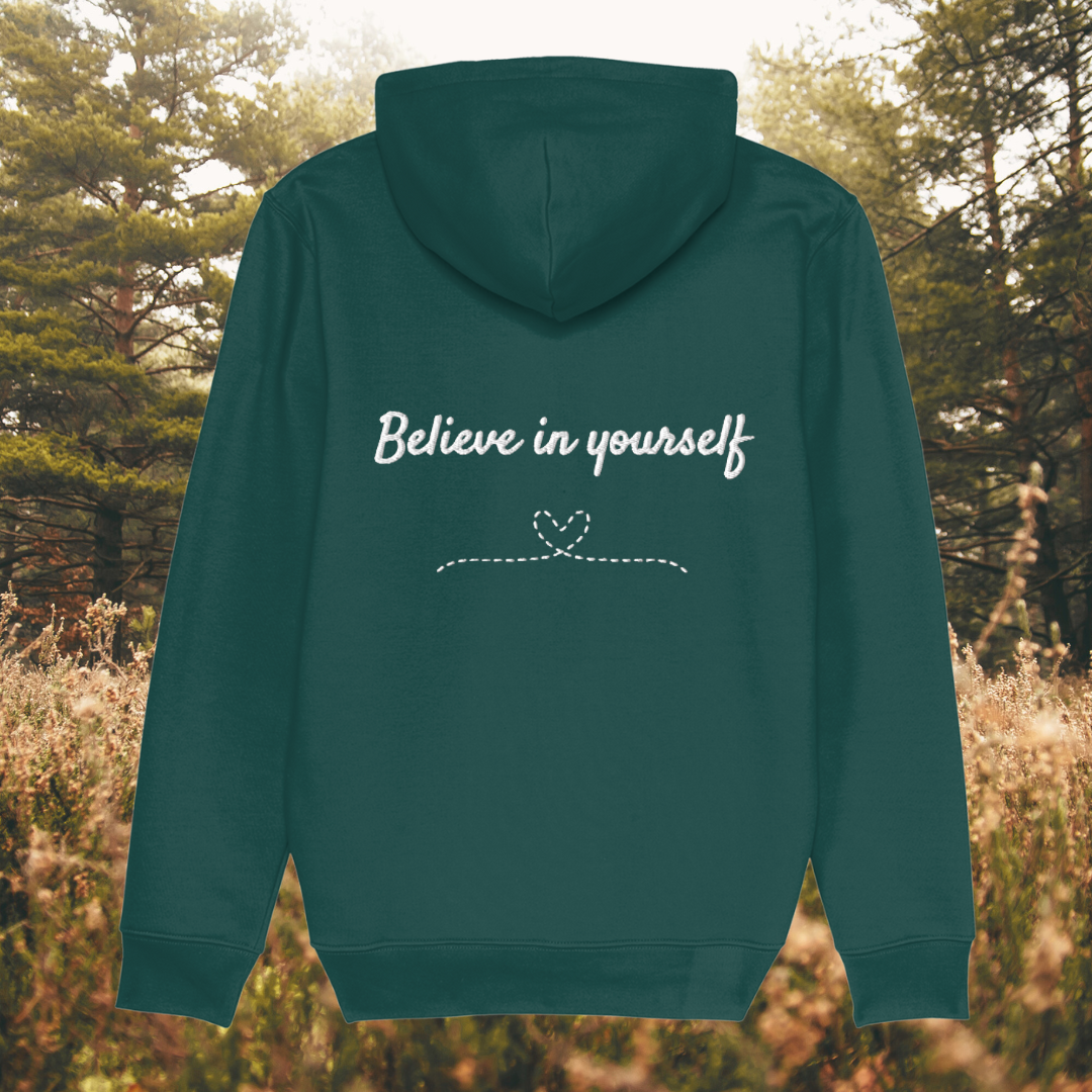 Back view of Mindful Earth Bee Hoodie in Glazed Green with White Thread – Eco-Friendly Organic Cotton Unisex Hoodie Made in the UK