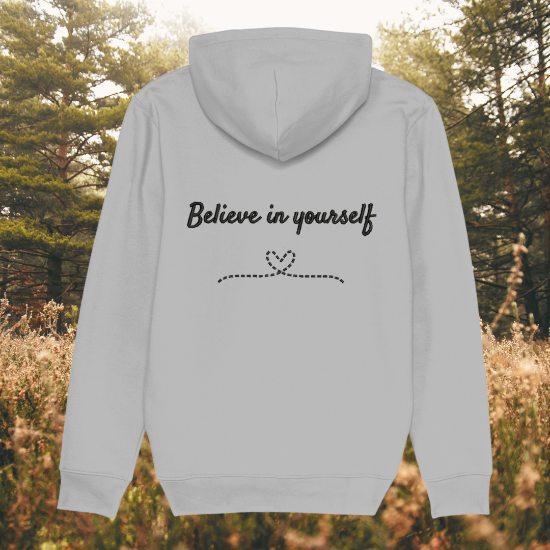 Back view of Mindful Earth Bee Hoodie in Heather Grey with Black Thread – Eco-Friendly Organic Cotton Unisex Hoodie Made in the UK