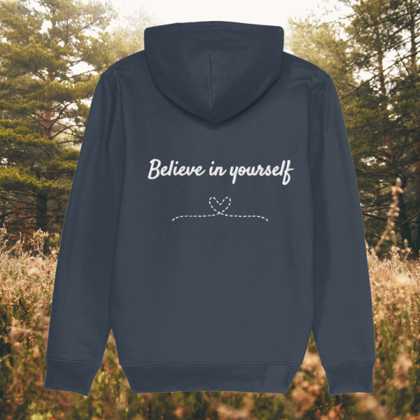 Back view of Mindful Earth Bee Hoodie in India Ink Grey with White Thread – Eco-Friendly Organic Cotton Unisex Hoodie Made in the UK