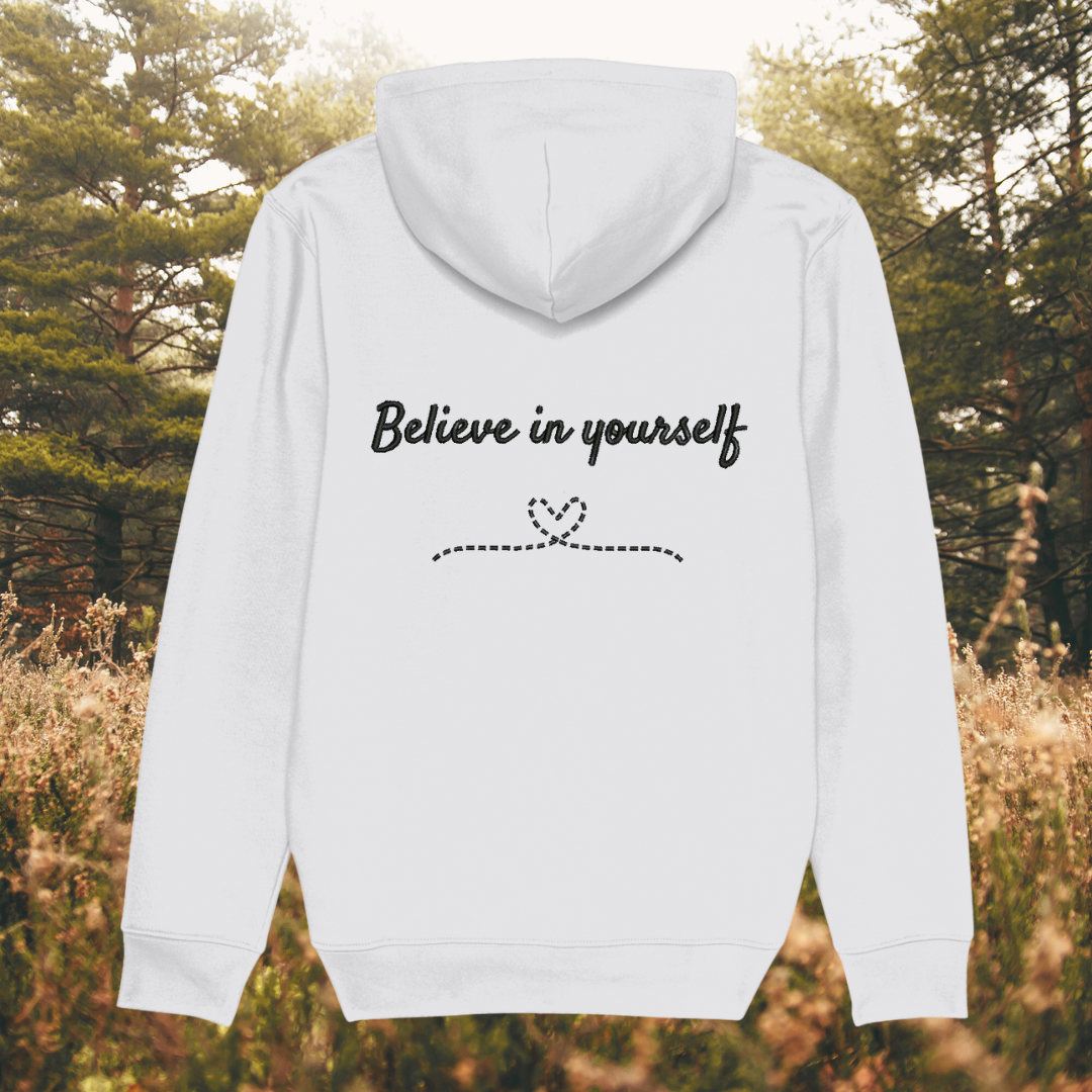 Back view of Mindful Earth Bee Hoodie in White with Black Thread – Eco-Friendly Organic Cotton Unisex Hoodie Made in the UK