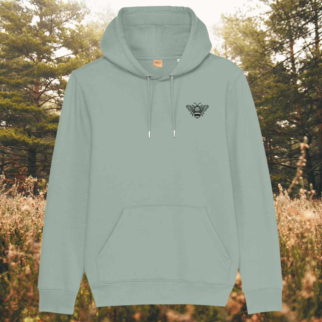 Mindful Earth Bee Front Hoodie in Aloe Green with Black Thread – Sustainable Organic Cotton Unisex Hoodie Made in the UK
