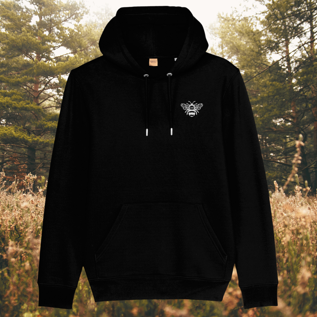 Mindful Earth Bee Front Hoodie in Black with White Thread – Sustainable Organic Cotton Unisex Hoodie Made in the UK