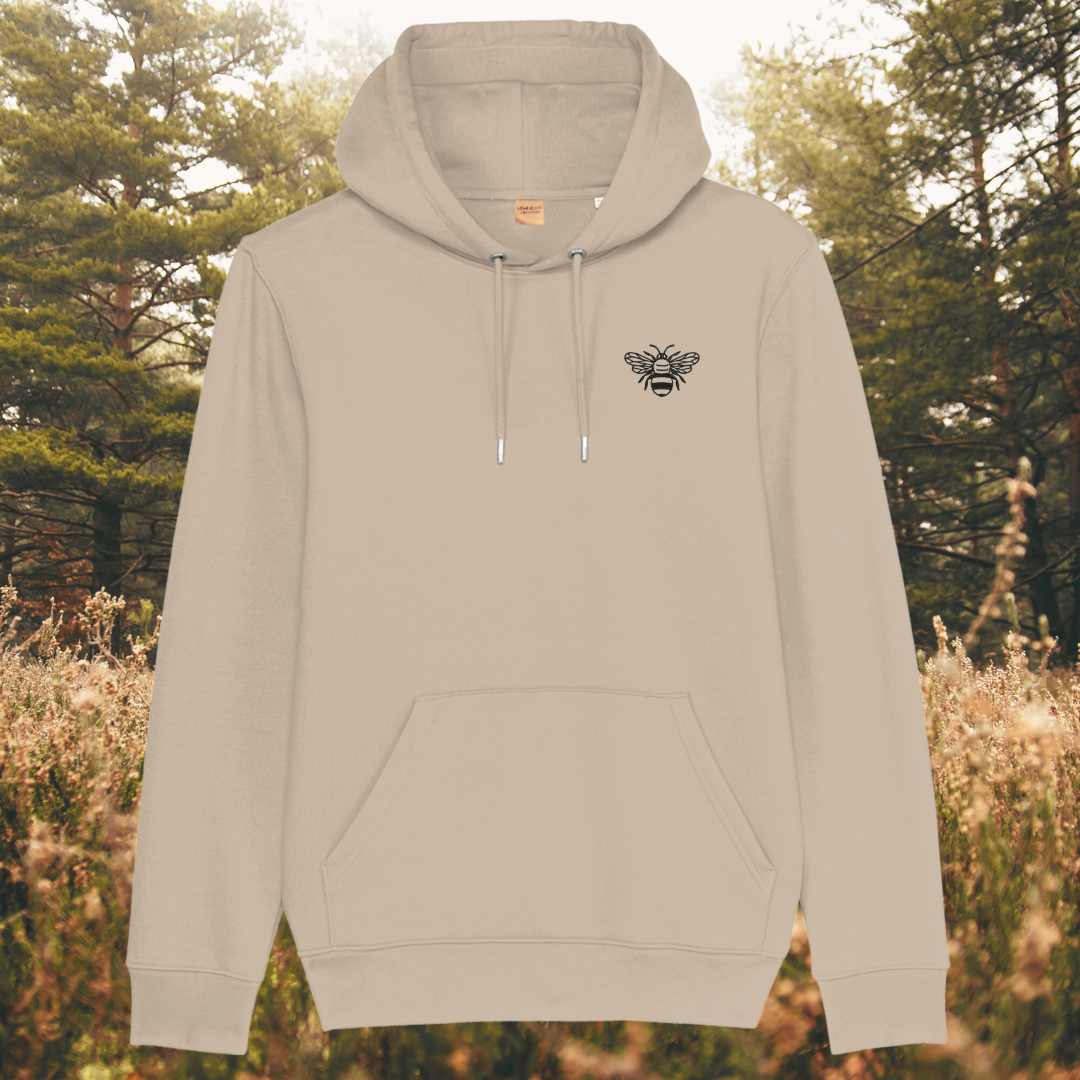 Mindful Earth Bee Front Hoodie in Desert Dust with Black Thread – Sustainable Organic Cotton Unisex Hoodie Made in the UK