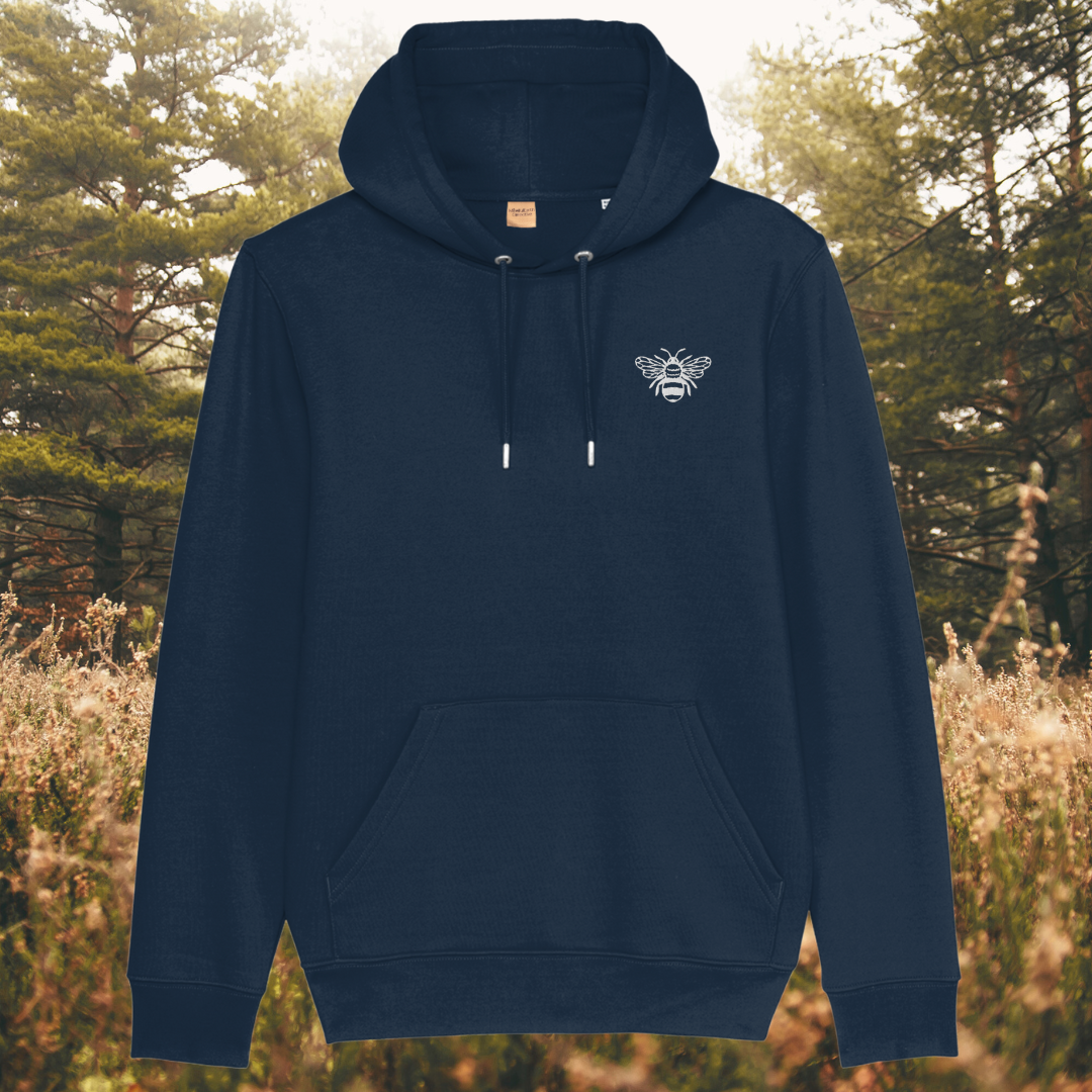 Mindful Earth Bee Front Hoodie in French Navy with White Thread – Sustainable Organic Cotton Unisex Hoodie Made in the UK