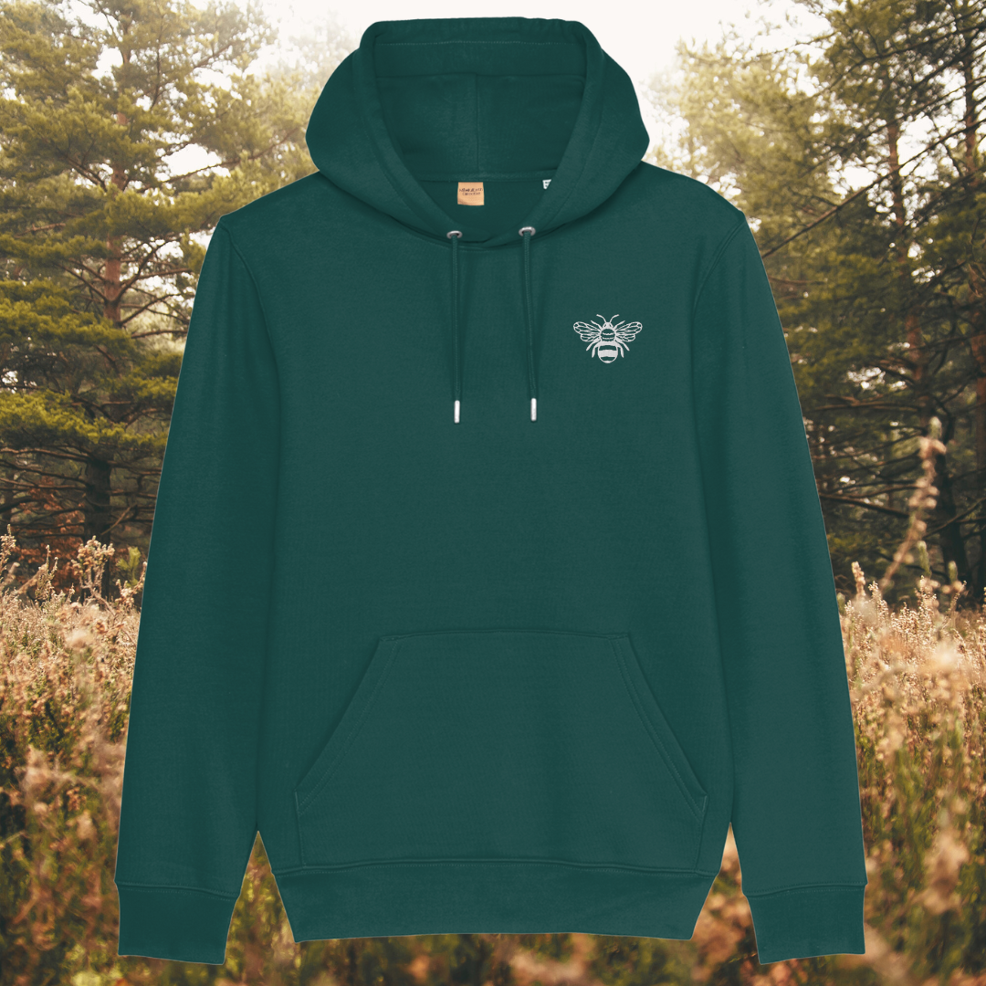 Mindful Earth Bee Front Hoodie in Glazed Green with White Thread – Sustainable Organic Cotton Unisex Hoodie Made in the UK