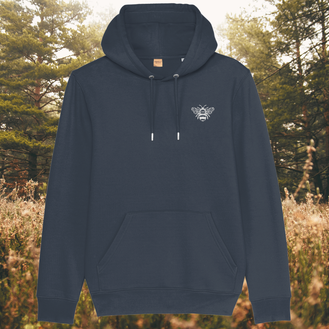 Mindful Earth Bee Front Hoodie in India Ink Grey with White Thread – Sustainable Organic Cotton Unisex Hoodie Made in the UK