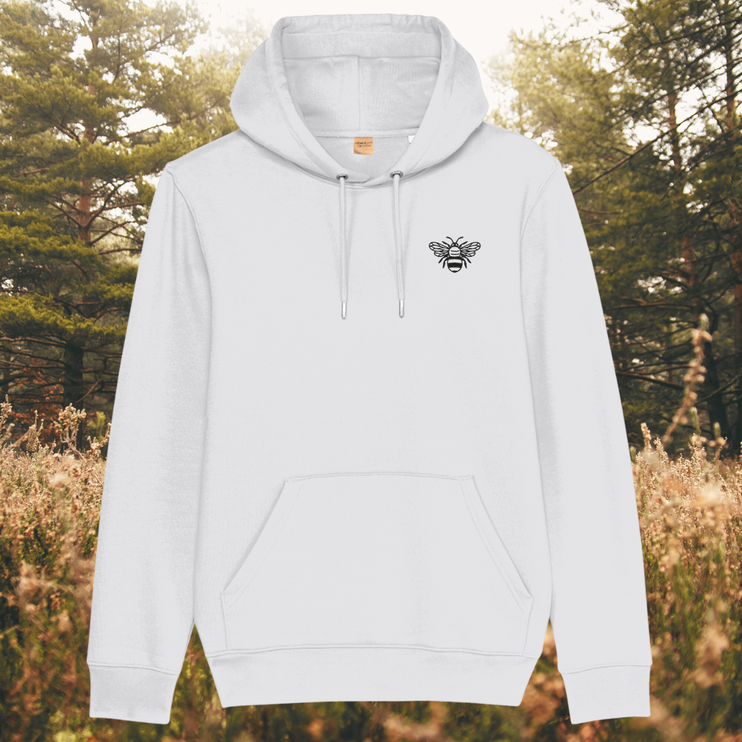 Mindful Earth Bee Front Hoodie in White with Black Thread – Sustainable Organic Cotton Unisex Hoodie Made in the UK