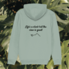 Back view of Mindful Earth Monstera Hoodie in Aloe Green with “Life’s a Climb but the View is Great” design – Eco-Friendly Organic Cotton Unisex Hoodie Made in the UK