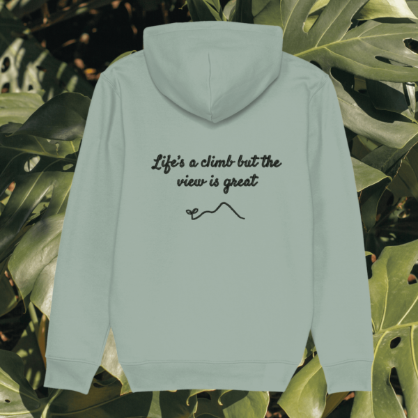 Back view of Mindful Earth Monstera Hoodie in Aloe Green with “Life’s a Climb but the View is Great” design – Eco-Friendly Organic Cotton Unisex Hoodie Made in the UK