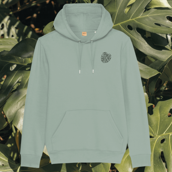 Mindful Earth Monstera Front Hoodie in Aloe Green – Life’s a Climb but the View is Great Design – Sustainable Organic Cotton Unisex Hoodie Made in the UK