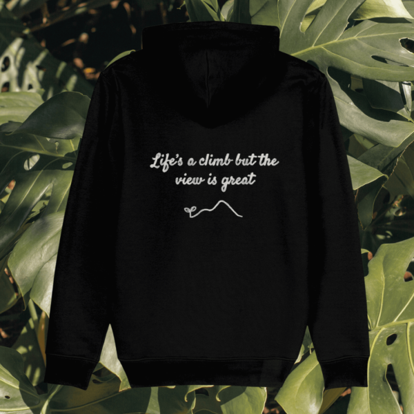Back view of Mindful Earth Monstera Hoodie in Black with “Life’s a Climb but the View is Great” design – Eco-Friendly Organic Cotton Unisex Hoodie Made in the UK