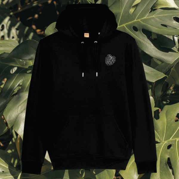 Mindful Earth Monstera Front Hoodie in Black – Life’s a Climb but the View is Great Design – Sustainable Organic Cotton Unisex Hoodie Made in the UK