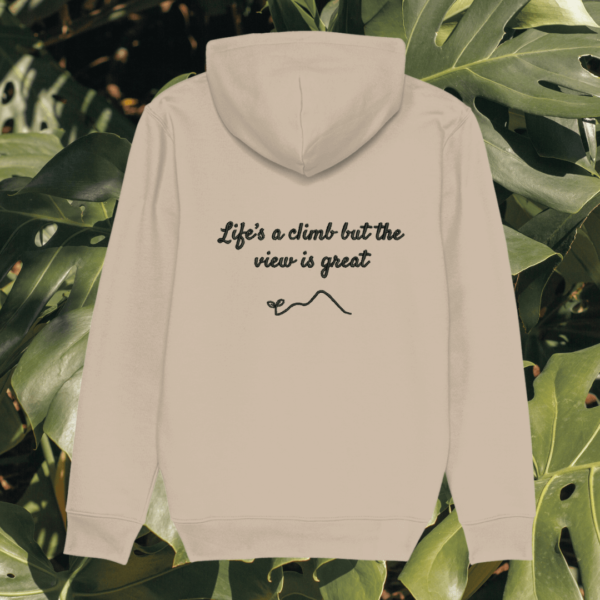 Back view of Mindful Earth Monstera Hoodie in Desert Dust with “Life’s a Climb but the View is Great” design – Eco-Friendly Organic Cotton Unisex Hoodie Made in the UK