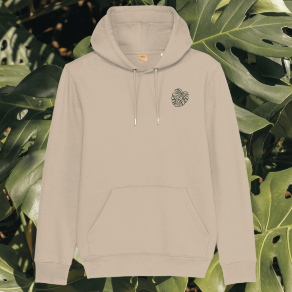 Mindful Earth Monstera Front Hoodie in Desert Dust – Life’s a Climb but the View is Great Design – Sustainable Organic Cotton Unisex Hoodie Made in the UK