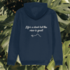 Back view of Mindful Earth Monstera Hoodie in French Navy with “Life’s a Climb but the View is Great” design – Eco-Friendly Organic Cotton Unisex Hoodie Made in the UK