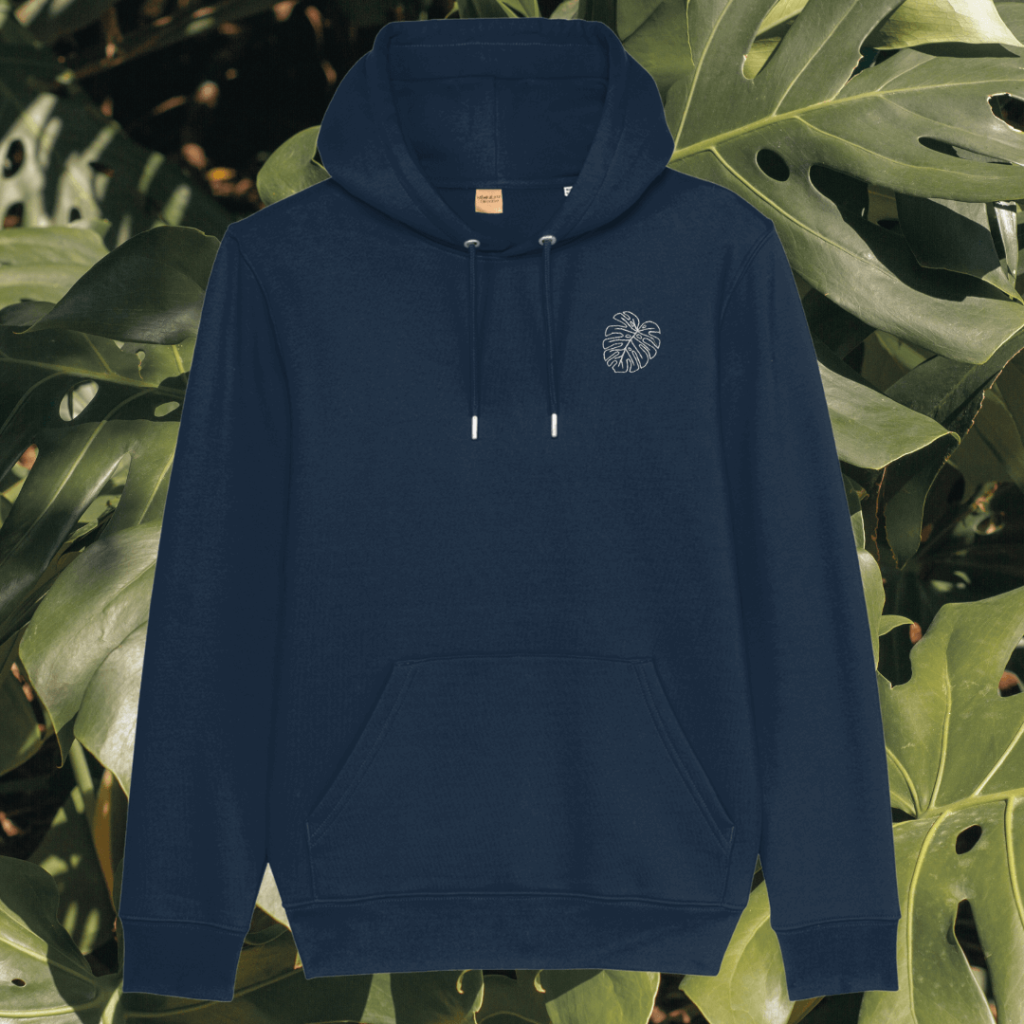 Mindful Earth Monstera Front Hoodie in French Navy – Life’s a Climb but the View is Great Design – Sustainable Organic Cotton Unisex Hoodie Made in the UK