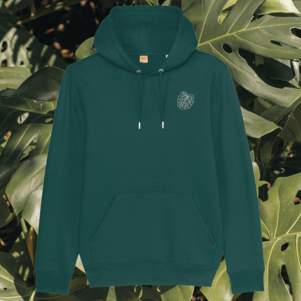 Mindful Earth Monstera Front Hoodie in Glazed Green – Life’s a Climb but the View is Great Design – Sustainable Organic Cotton Unisex Hoodie Made in the UK