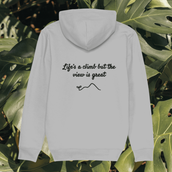 Back view of Mindful Earth Monstera Hoodie in Heather Grey with “Life’s a Climb but the View is Great” design – Eco-Friendly Organic Cotton Unisex Hoodie Made in the UK
