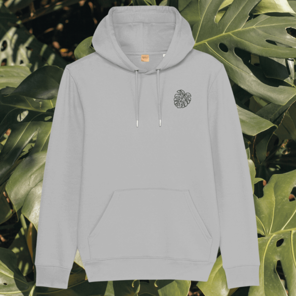 Mindful Earth Monstera Front Hoodie in Heather Grey – Life’s a Climb but the View is Great Design – Sustainable Organic Cotton Unisex Hoodie Made in the UK