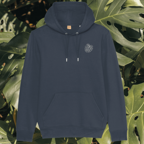 Mindful Earth Monstera Front Hoodie in India Ink Grey – Life’s a Climb but the View is Great Design – Sustainable Organic Cotton Unisex Hoodie Made in the UK