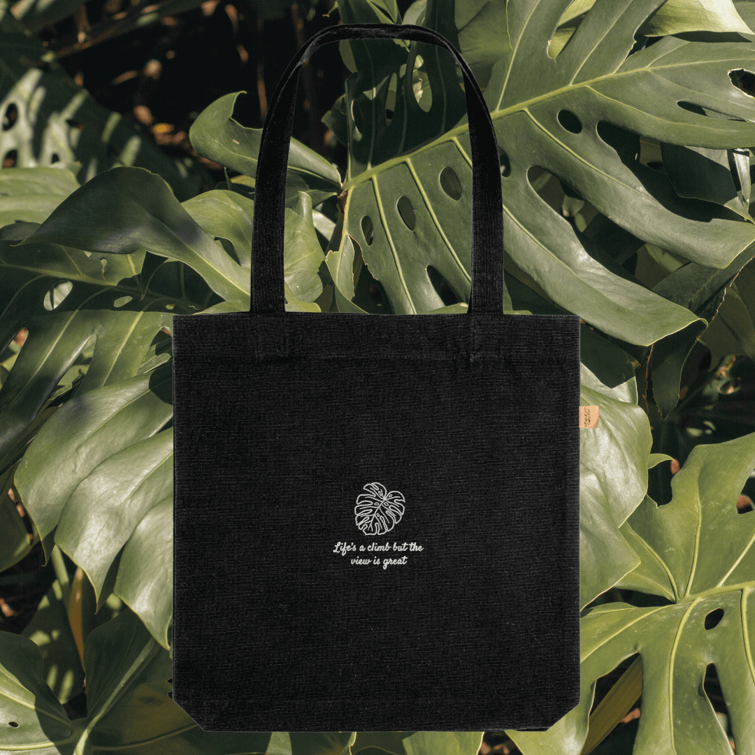Black Monstera “Life’s A Climb But The View Is Great” eco tote bag