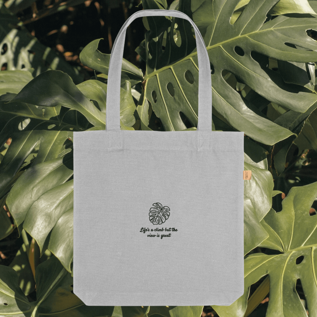 Heather Grey Monstera “Life’s A Climb But The View Is Great” eco tote bag
