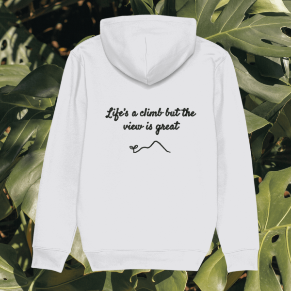 Back view of Mindful Earth Monstera Hoodie in White with “Life’s a Climb but the View is Great” design – Eco-Friendly Organic Cotton Unisex Hoodie Made in the UK