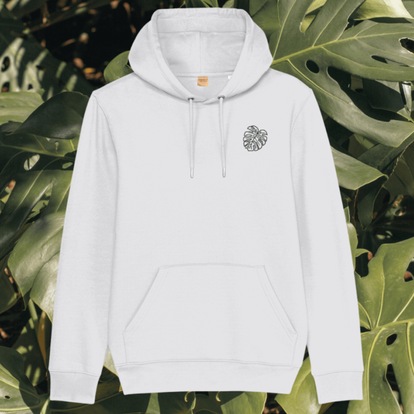 Mindful Earth Monstera Front Hoodie in White – Life’s a Climb but the View is Great Design – Sustainable Organic Cotton Unisex Hoodie Made in the UK