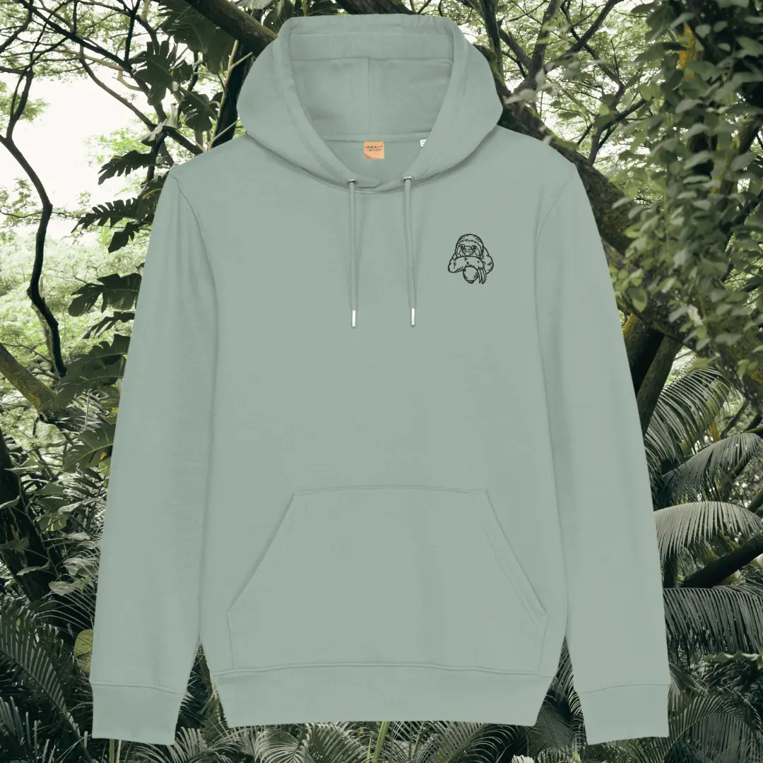 Mindful Earth Sloth Front Hoodie in Aloe Green – Just Hang in There Design – Sustainable Organic Cotton Unisex Hoodie Made in the UK