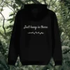 Back view of Mindful Earth Sloth Hoodie in Black with “Just Hang in There” design – Eco-Friendly Organic Cotton Unisex Hoodie Made in the UK