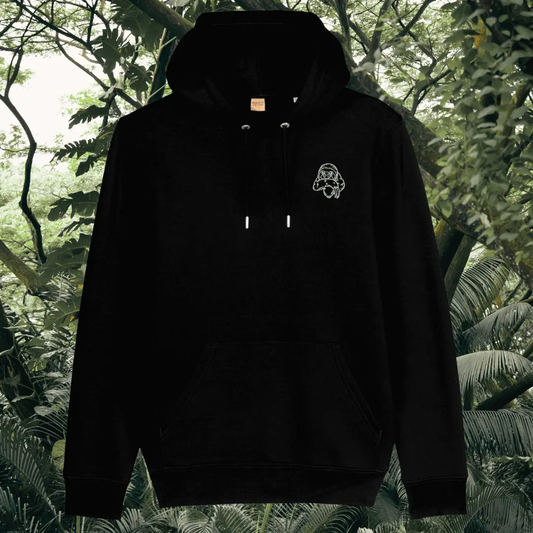 Mindful Earth Sloth Front Hoodie in Black – Just Hang in There Design – Sustainable Organic Cotton Unisex Hoodie Made in the UK