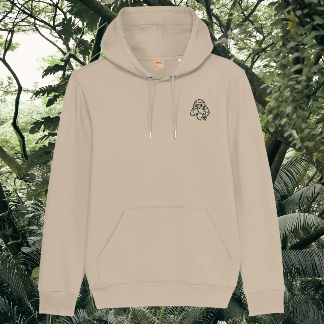 Mindful Earth Sloth Front Hoodie in Desert Dust – Just Hang in There Design – Sustainable Organic Cotton Unisex Hoodie Made in the UK