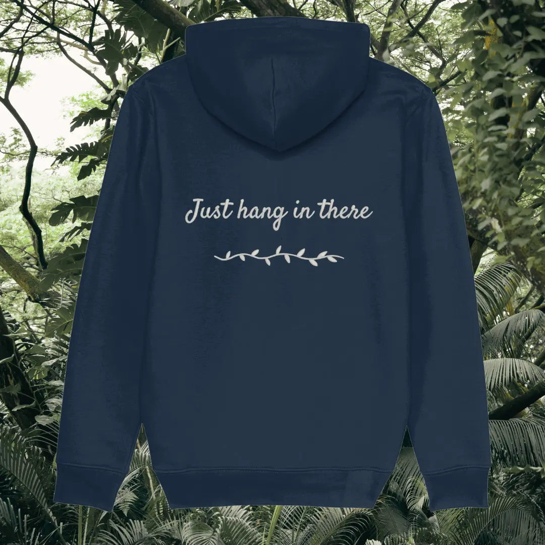 Back view of Mindful Earth Sloth Hoodie in French Navy with “Just Hang in There” design – Eco-Friendly Organic Cotton Unisex Hoodie Made in the UK