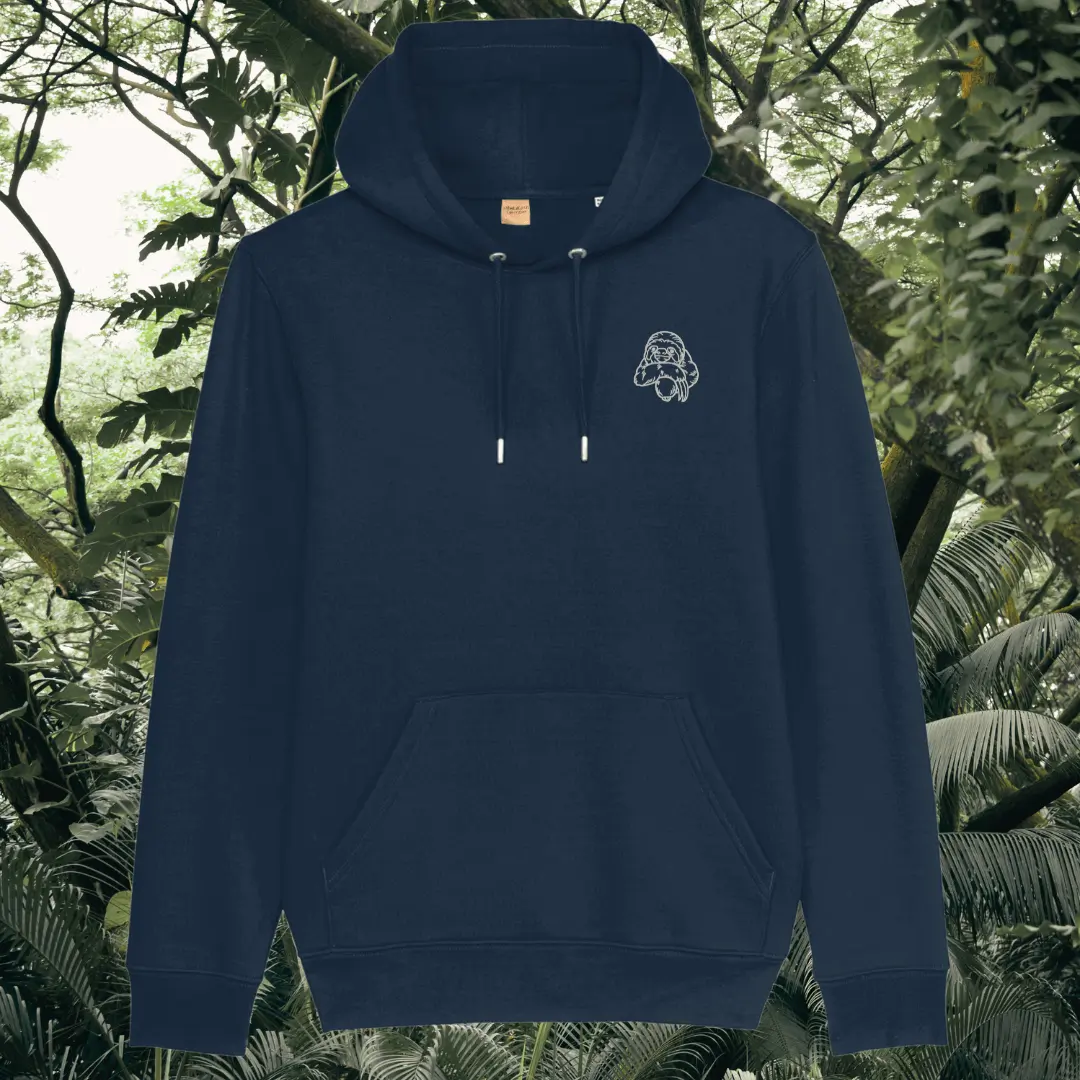Mindful Earth Sloth Front Hoodie in French Navy – Just Hang in There Design – Sustainable Organic Cotton Unisex Hoodie Made in the UK