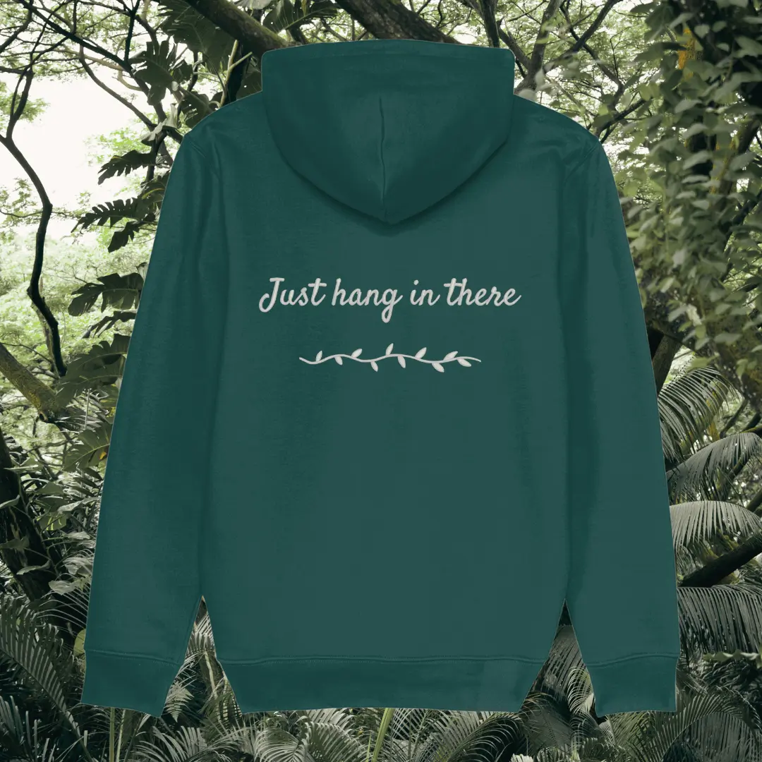 Back view of Mindful Earth Sloth Hoodie in Glazed Green with “Just Hang in There” design – Eco-Friendly Organic Cotton Unisex Hoodie Made in the UK