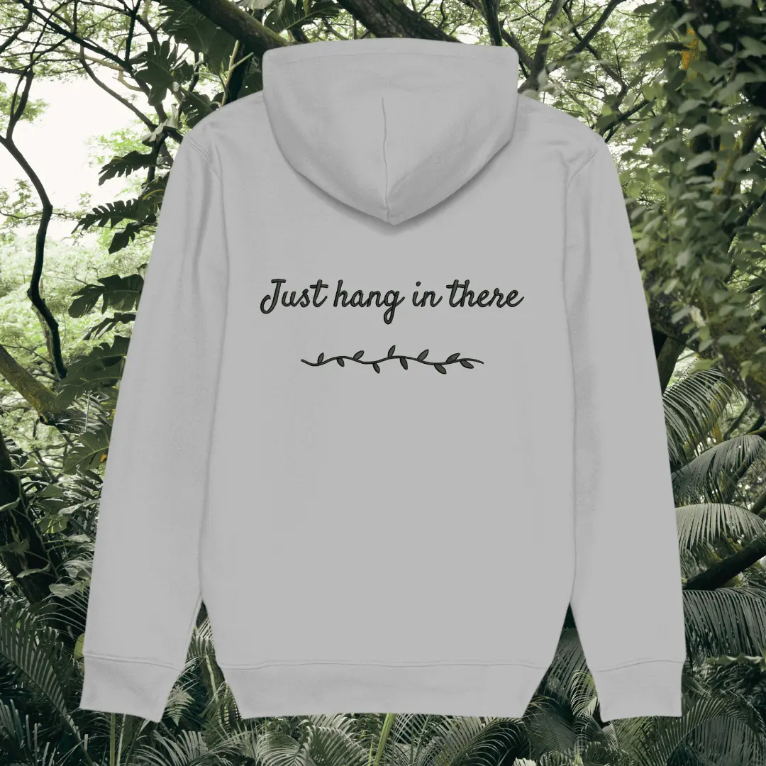 Back view of Mindful Earth Sloth Hoodie in Heather Grey with “Just Hang in There” design – Eco-Friendly Organic Cotton Unisex Hoodie Made in the UK